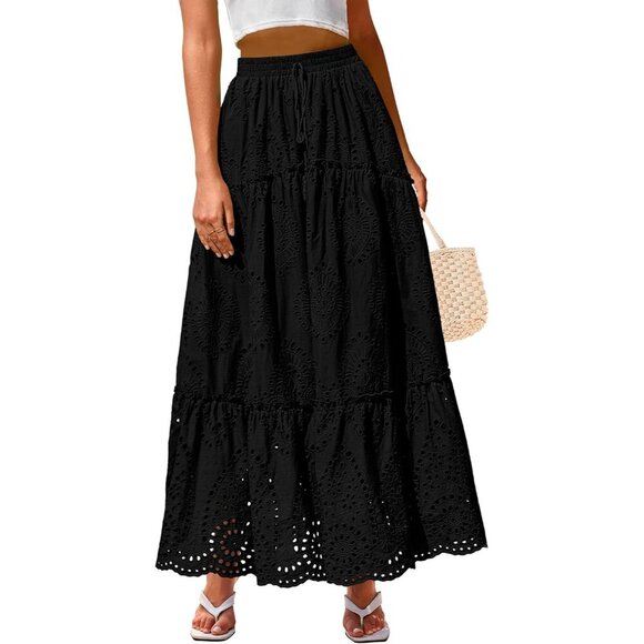 Trendy Boho Lace Embroidery Maxi Skirt - High Waist & Flowy in Black Size L